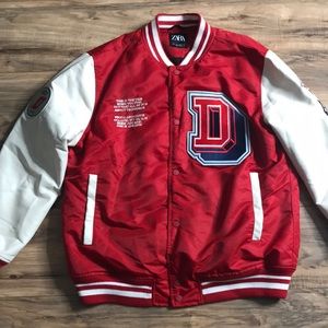 Zara red and white varsity jacket all about technique size large